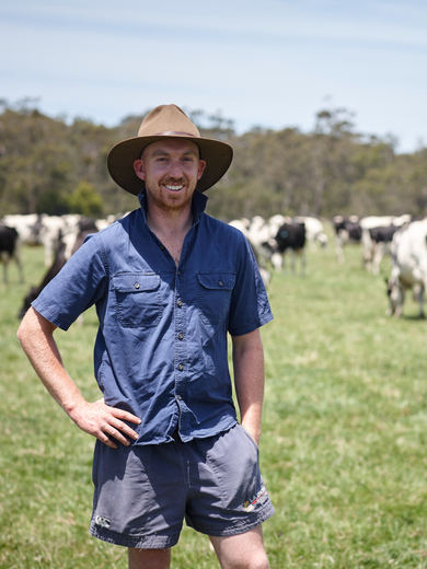 Farmer on paddock with cows