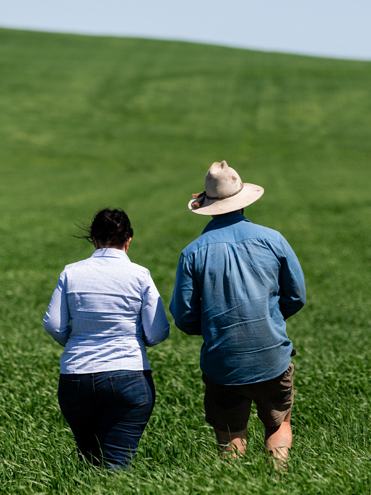 A man and a woman standing in green pasture