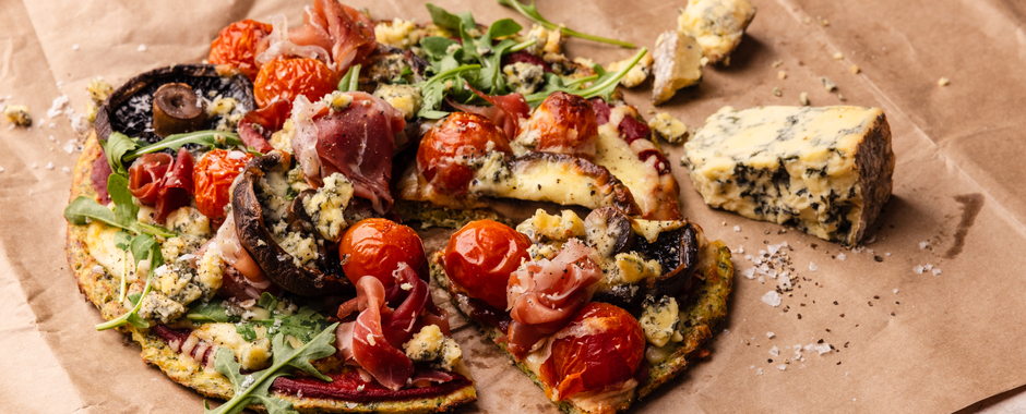 Broccoli Pizza Bases with Field Mushrooms and Blue Cheese