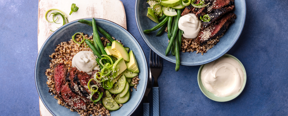 Sesame Beef Avocado and Labne Poke Bowls