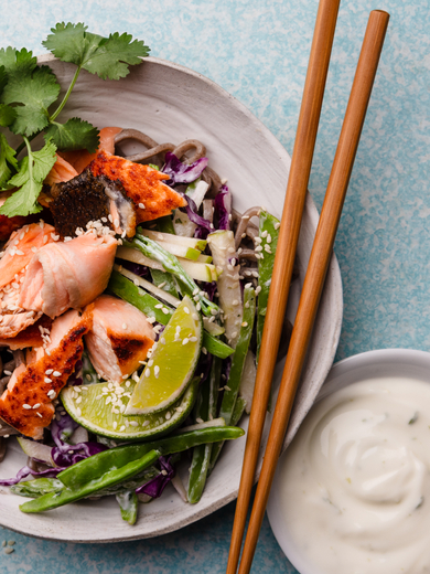 Grilled Salmon with Apple Lime and Yoghurt Slaw