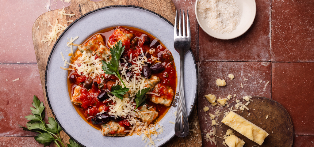Ricotta and Spinach Gnocchi with Tomato and Olive Sauce