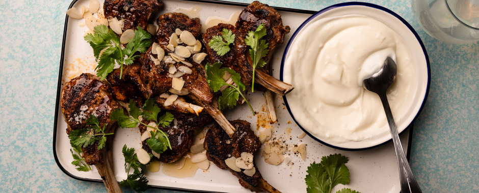 Middle Eastern Lamb Cutlets with Garlic Yoghurt Honey and Almonds