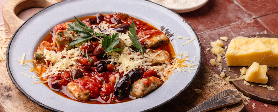 Ricotta and Spinach Gnocchi with Tomato and Olive Sauce