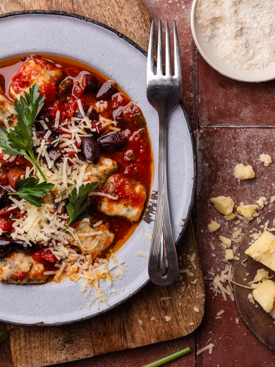 Ricotta and Spinach Gnocchi with Tomato and Olive Sauce